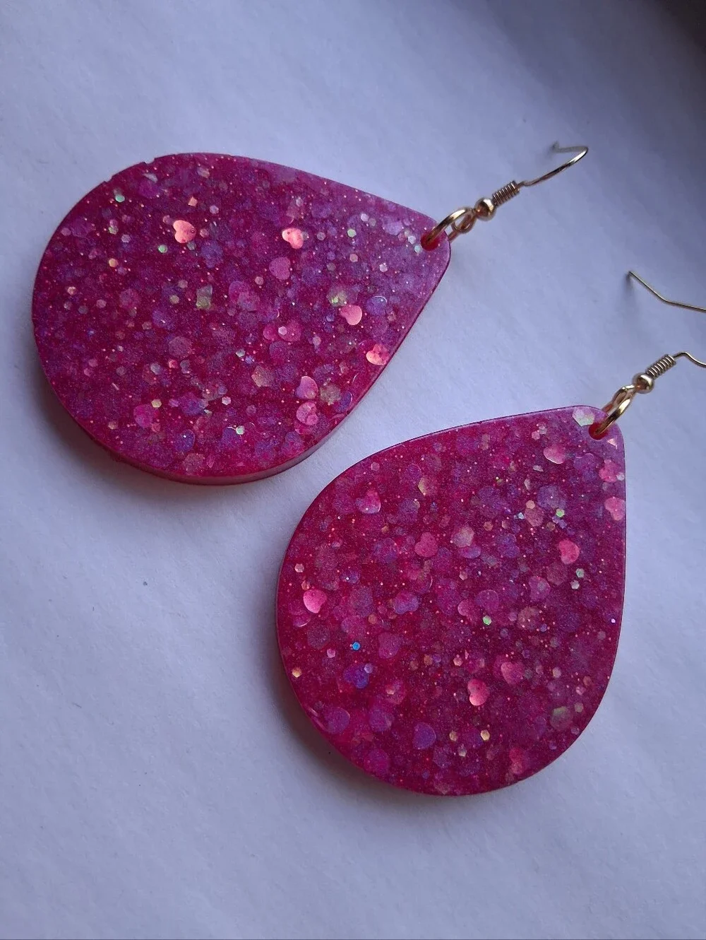 Hand Crafted Hot Pink Glitter Teardrop Dangle Earrings